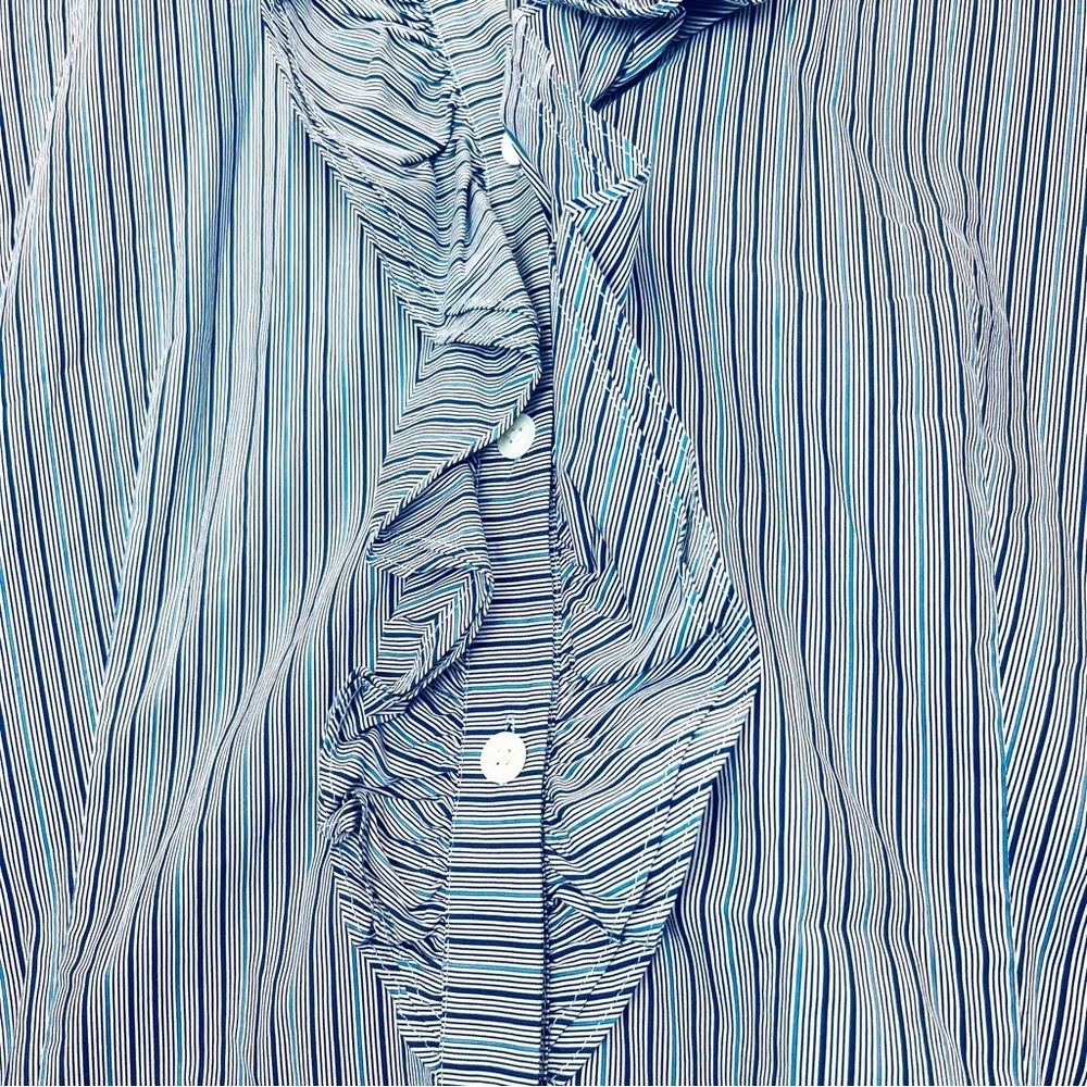 Lafayette 148 New York Blue and White Striped Ruffle-Front Button Blouse - Picture 4 of 5